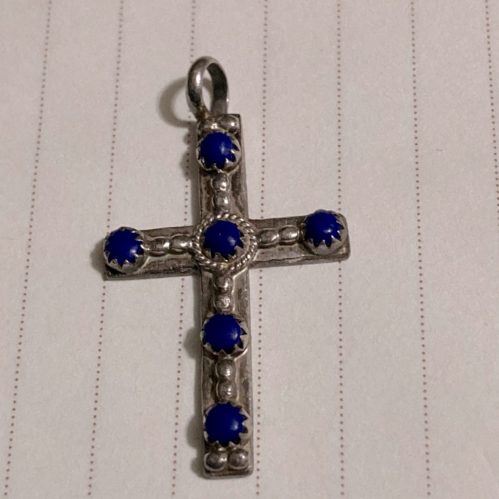 Vintage Silver Tone Cross Pendant With 6 Blue Stones
